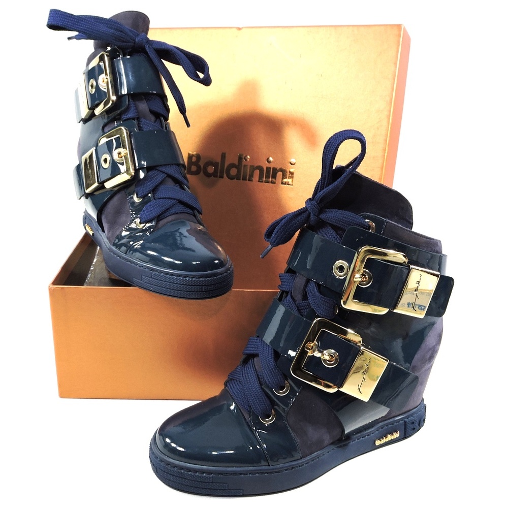 BALDININI 🇮🇹 WOMEN'S BLUE SUEDE & LEATHER WEDGE FASHION SNEAKERS